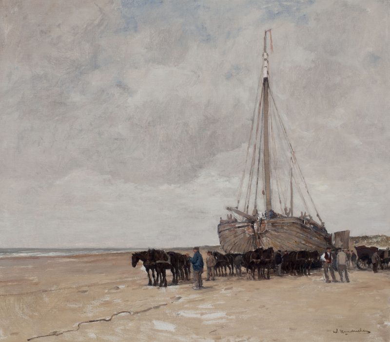 Wilhelm Hambuchen - Bomschuit met sleperspaarden op het strand van Katwijk aan Zee