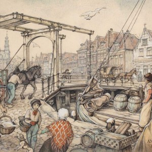 Anton Pieck (1895-1987) Anton Pieck - Gezicht op Korenmarkt met de ophaalbrug naar de Veermanskade, Hoorn