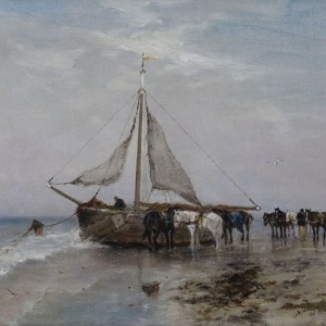 J.F.C. Scherrewitz - Bomschuit met paarden op het strand
