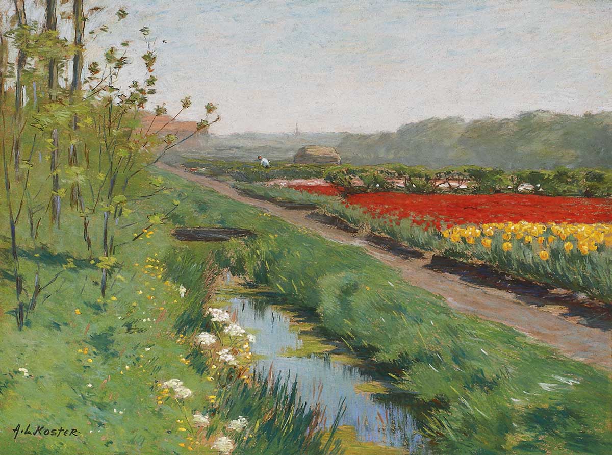 A.L. Koster (1859-1937) - ‘Slootkant met tulpenvelden’