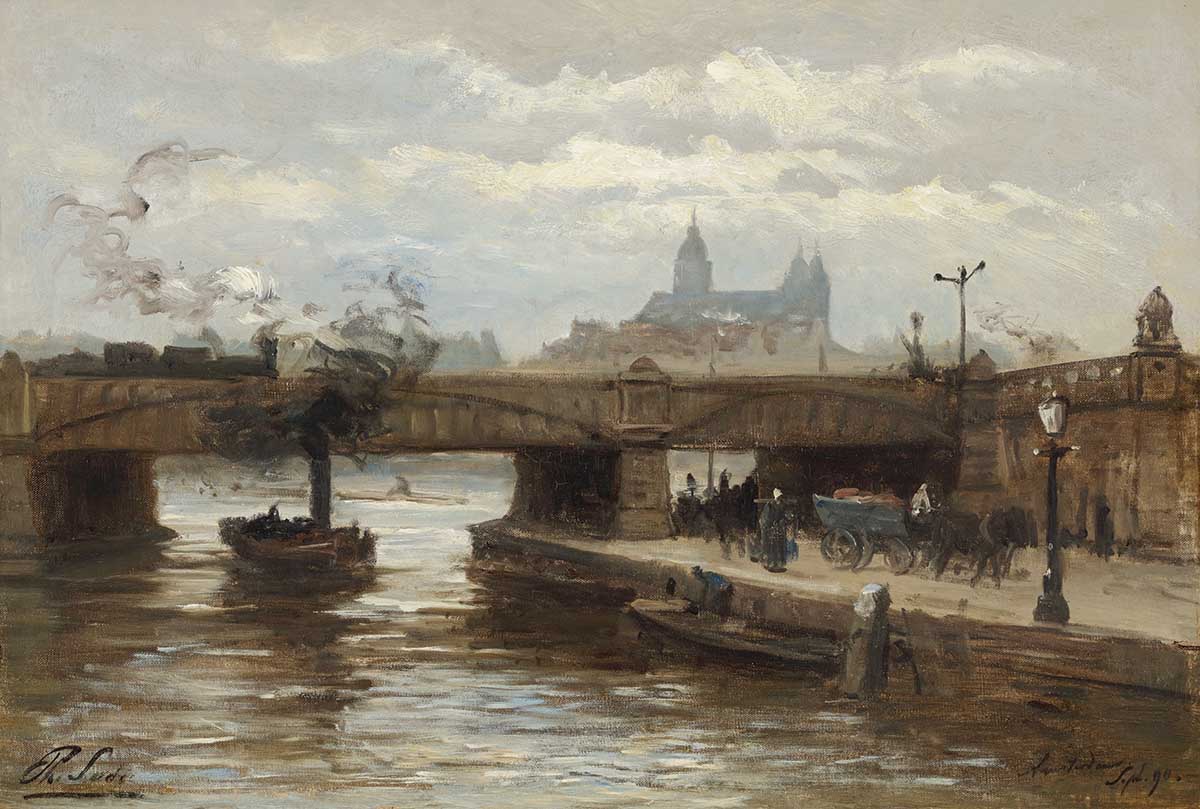 Philip Sadée (1837-1904) – Stoomtrein op spoorviaduct, Amsterdam