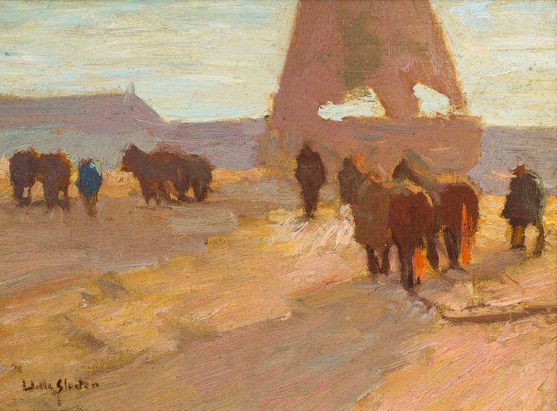Willy Sluiter (1873-1949) - Schuittrekken met rustende paarden, Katwijk (1905)